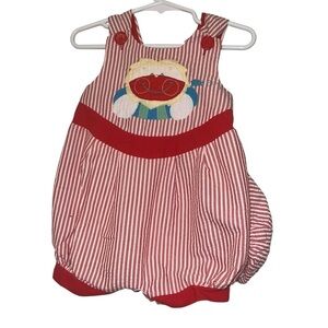 Pete’s Partner by goodlad red seersucker romper w hat cat fish embroidered 6/9m
